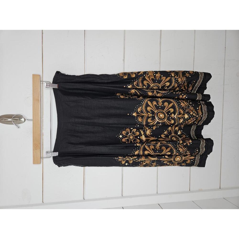 Trevan Size 10 black with brown & cream detailed midi skirt. Cotton & silk.